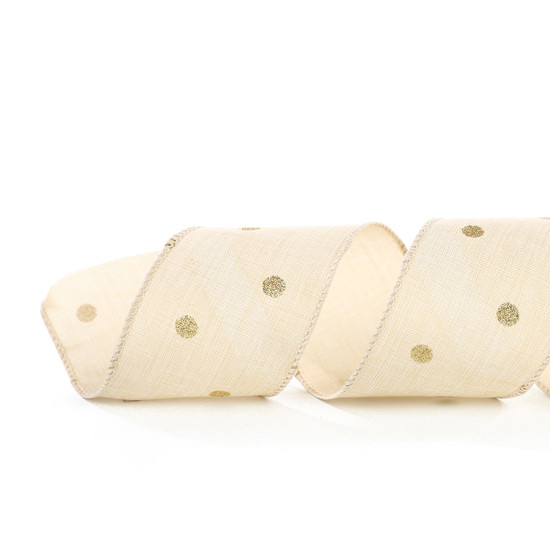 Imagem FITA ARAMADA DECORATIVA BEGE E DOURADA EM POLIÉSTER 6,3CM X 9,14M - CROMUS