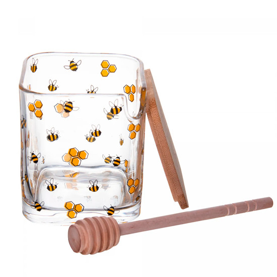 Imagem MELEIRA BEE DE VIDRO COM TAMPA DE BAMBU 9,5X8X8CM - LYOR