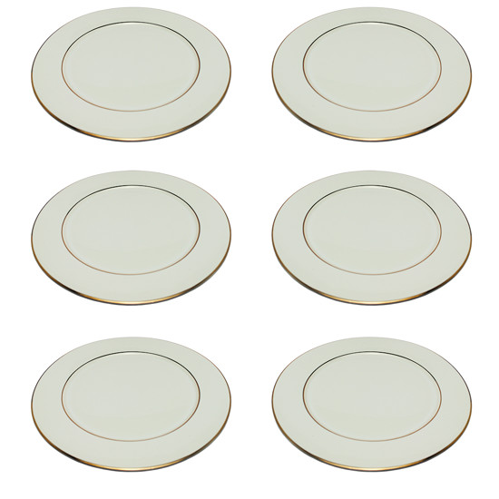 Imagem CONJUNTO DESIRRÉ 6 PRATOS BRANCOS RASOS COM FILETE DOURADO 27CM - SCALLA CERÂMICA