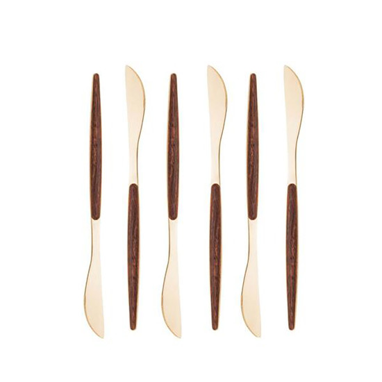 Imagem CONJUNTO DE 06 FACAS EM AÇO INOS COM CABO EM ESTAMPA DE MADEIRA COR DOURADO - LYOR 