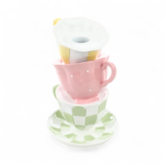 Imagem TORRE DE XÍCARAS COLORIDAS PORTA VELAS DE RESINA 16X10X10CM - CROMUS