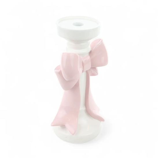 Imagem PORTA-VELAS BRANCO DE RESINA COM LAÇO ROSA 25X13X11CM - CROMUS