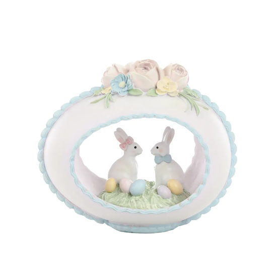 Imagem CASAL DE COELHOS BRANCOS NO OVO DECORATIVO DE RESINA 14X17X10CM - CROMUS