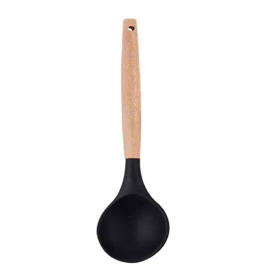 Imagem COLHER MULTIUSO SILICONE PRETO C/ CABO MADEIRA 31X6,5X2,5