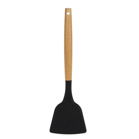 Imagem ESPATULA LISA SILICONE PRETO C/ CABO MADEIRA 31,7X7,8 